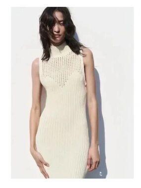 Zara Cream Sleeveless Ribbed Maxi Dress